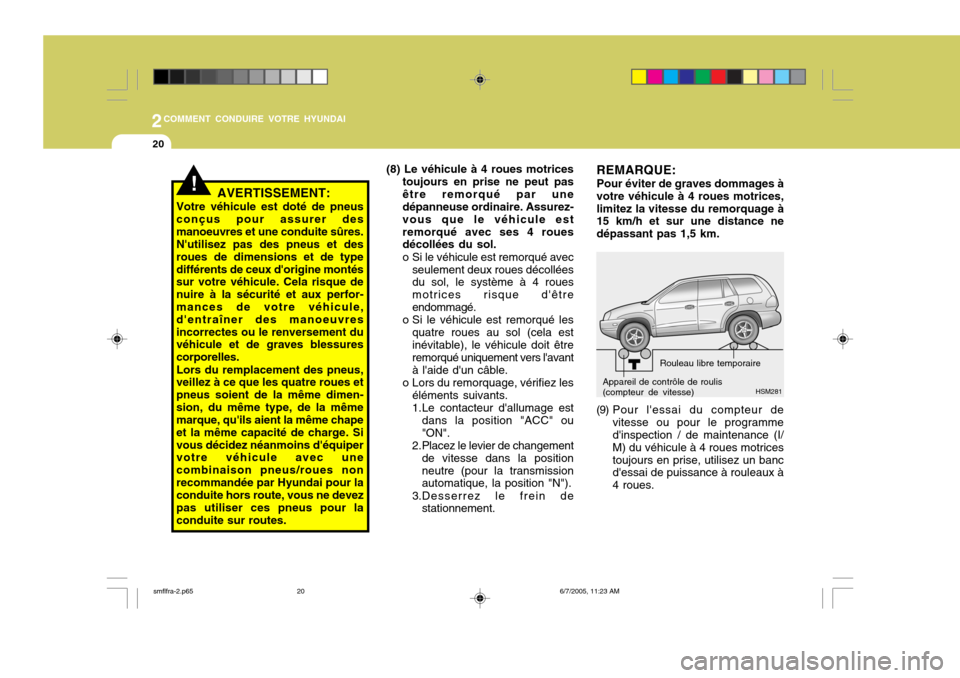Hyundai Santa Fe 2005 Manuel du propriétaire (in French) 2COMMENT CONDUIRE VOTRE HYUNDAI
20
!AVERTISSEMENT:
Votre véhicule est doté de pneus conçus pour assurer desmanoeuvres et une conduite sûres.Nutilisez pas des pneus et desroues de dimensions et de Hyundai Santa Fe 2005 Manuel du propriétaire (in French) 2COMMENT CONDUIRE VOTRE HYUNDAI
20
!AVERTISSEMENT:
Votre véhicule est doté de pneus conçus pour assurer desmanoeuvres et une conduite sûres.Nutilisez pas des pneus et desroues de dimensions et de