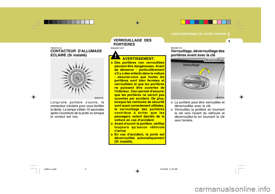 Hyundai Santa Fe 2005  Manuel du propriétaire (in French) 1
CARACTÉRISTIQUES DE VOTRE HYUNDAI
9
!
YB030C3-AU CONTACTEUR DALLUMAGE ECLAIRE (Si installé) Lorquune portière souvre, le contacteur séclaire pour vous faciliterla tâche. La lampe sétein 1