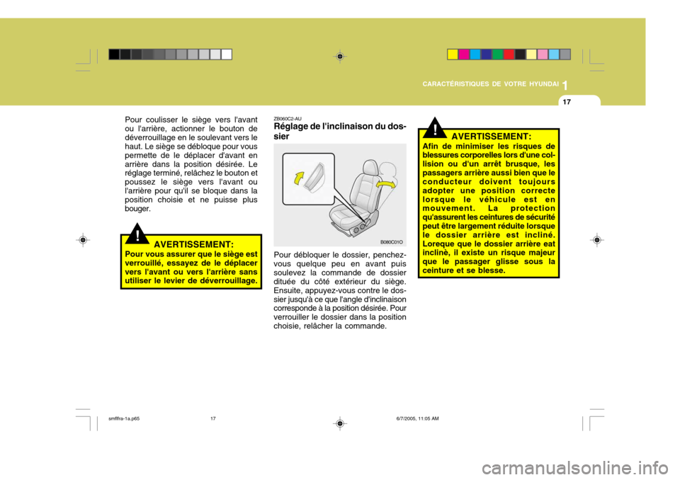 Hyundai Santa Fe 2005  Manuel du propriétaire (in French) 1
CARACTÉRISTIQUES DE VOTRE HYUNDAI
17
!
!
ZB060C2-AU Réglage de linclinaison du dos-
sier AVERTISSEMENT:
Afin de minimiser les risques deblessures corporelles lors dune col- lision ou dun arrêt