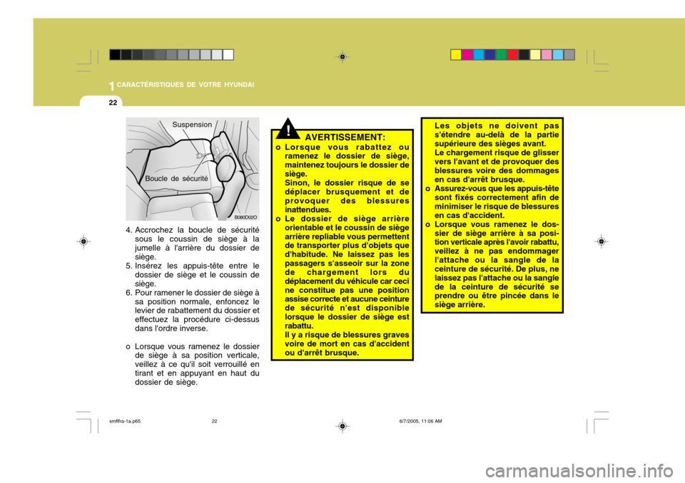 Hyundai Santa Fe 2005 Manuel du propriétaire (in French) 1CARACTÉRISTIQUES DE VOTRE HYUNDAI
22
Les objets ne doivent pas sétendre au-delà de la partiesupérieure des sièges avant.Le chargement risque de glisservers lavant et de provoquer des blessures Hyundai Santa Fe 2005 Manuel du propriétaire (in French) 1CARACTÉRISTIQUES DE VOTRE HYUNDAI
22
Les objets ne doivent pas sétendre au-delà de la partiesupérieure des sièges avant.Le chargement risque de glisservers lavant et de provoquer des blessures