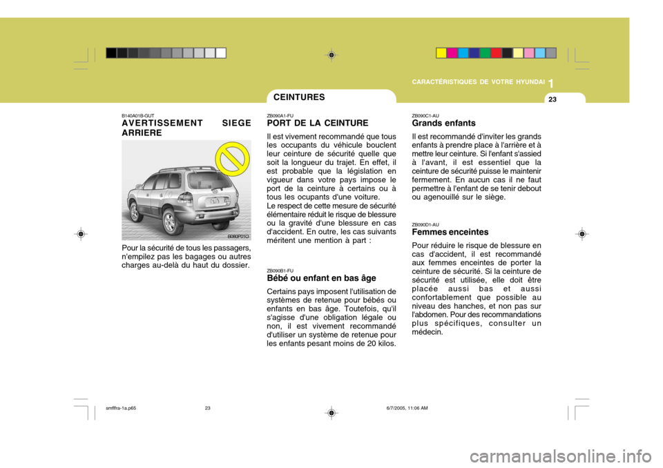 Hyundai Santa Fe 2005 Manuel du propriétaire (in French) 1
CARACTÉRISTIQUES DE VOTRE HYUNDAI
23CEINTURES
B140A01B-GUT AVERTISSEMENT SIEGE ARRIERE Pour la sécurité de tous les passagers, nempilez pas les bagages ou autres charges au-delà du haut du doss Hyundai Santa Fe 2005 Manuel du propriétaire (in French) 1
CARACTÉRISTIQUES DE VOTRE HYUNDAI
23CEINTURES
B140A01B-GUT AVERTISSEMENT SIEGE ARRIERE Pour la sécurité de tous les passagers, nempilez pas les bagages ou autres charges au-delà du haut du doss