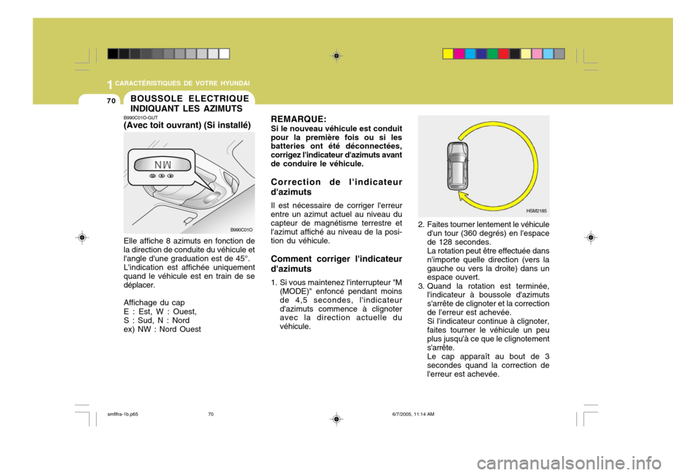 Hyundai Santa Fe 2005 Manuel du propriétaire (in French) 1CARACTÉRISTIQUES DE VOTRE HYUNDAI
70
REMARQUE:
Si le nouveau véhicule est conduit
pour la première fois ou si les batteries ont été déconnectées, corrigez lindicateur dazimuts avantde condui Hyundai Santa Fe 2005 Manuel du propriétaire (in French) 1CARACTÉRISTIQUES DE VOTRE HYUNDAI
70
REMARQUE:
Si le nouveau véhicule est conduit
pour la première fois ou si les batteries ont été déconnectées, corrigez lindicateur dazimuts avantde condui