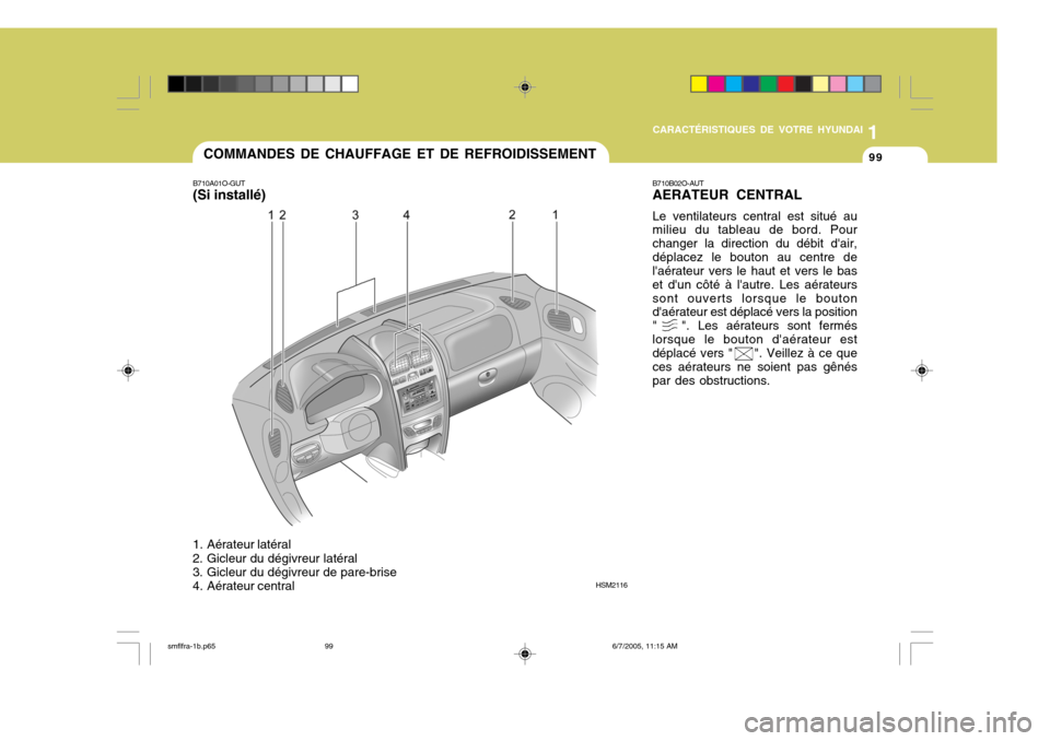Hyundai Santa Fe 2005 Manuel du propriétaire (in French) 1
CARACTÉRISTIQUES DE VOTRE HYUNDAI
99COMMANDES DE CHAUFFAGE ET DE REFROIDISSEMENT
B710A01O-GUT (Si installé)
1. Aérateur latéral
2. Gicleur du dégivreur latéral
3. Gicleur du dégivreur de pa Hyundai Santa Fe 2005 Manuel du propriétaire (in French) 1
CARACTÉRISTIQUES DE VOTRE HYUNDAI
99COMMANDES DE CHAUFFAGE ET DE REFROIDISSEMENT
B710A01O-GUT (Si installé)
1. Aérateur latéral
2. Gicleur du dégivreur latéral
3. Gicleur du dégivreur de pa