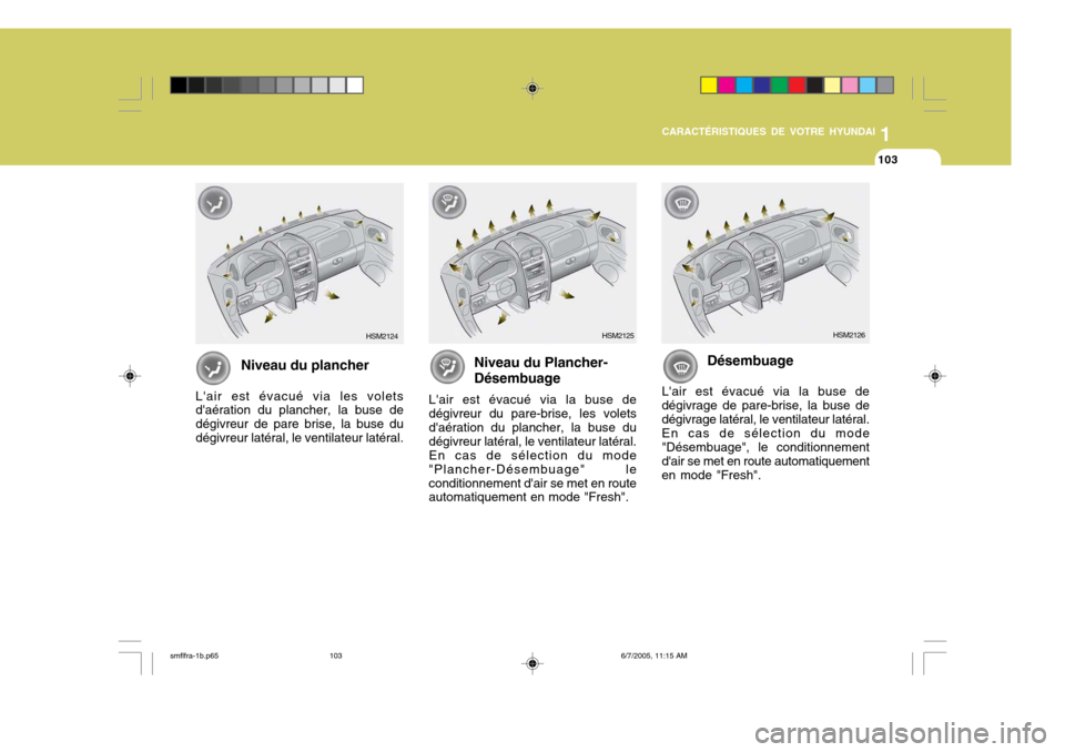 Hyundai Santa Fe 2005 Manuel du propriétaire (in French) 1
CARACTÉRISTIQUES DE VOTRE HYUNDAI
103
HSM2124
Niveau du plancher
Lair est évacué via les volets daération du plancher, la buse de dégivreur de pare brise, la buse dudégivreur latéral, le ve Hyundai Santa Fe 2005 Manuel du propriétaire (in French) 1
CARACTÉRISTIQUES DE VOTRE HYUNDAI
103
HSM2124
Niveau du plancher
Lair est évacué via les volets daération du plancher, la buse de dégivreur de pare brise, la buse dudégivreur latéral, le ve