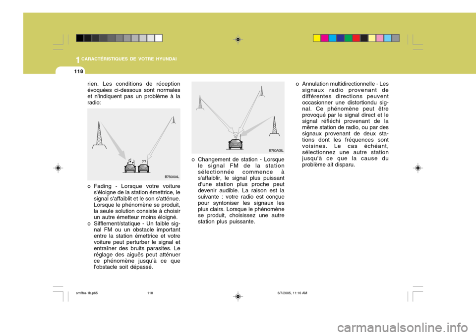 Hyundai Santa Fe 2005  Manuel du propriétaire (in French) 1CARACTÉRISTIQUES DE VOTRE HYUNDAI
118
o Changement de station - Lorsquele signal FM de la station sélectionnée commence à saffaiblir, le signal plus puissant dune station plus proche peutdeveni
