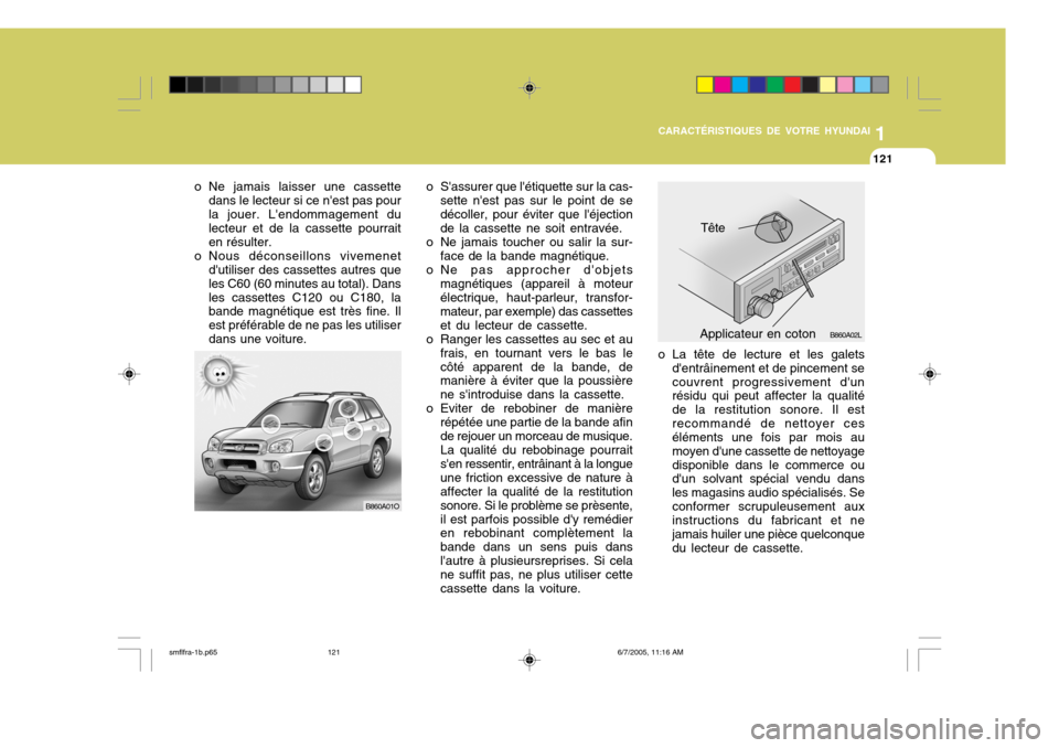 Hyundai Santa Fe 2005 Manuel du propriétaire (in French) 1
CARACTÉRISTIQUES DE VOTRE HYUNDAI
121
o La tête de lecture et les galets
dentrâinement et de pincement se couvrent progressivement dun résidu qui peut affecter la qualité de la restitution so Hyundai Santa Fe 2005 Manuel du propriétaire (in French) 1
CARACTÉRISTIQUES DE VOTRE HYUNDAI
121
o La tête de lecture et les galets
dentrâinement et de pincement se couvrent progressivement dun résidu qui peut affecter la qualité de la restitution so