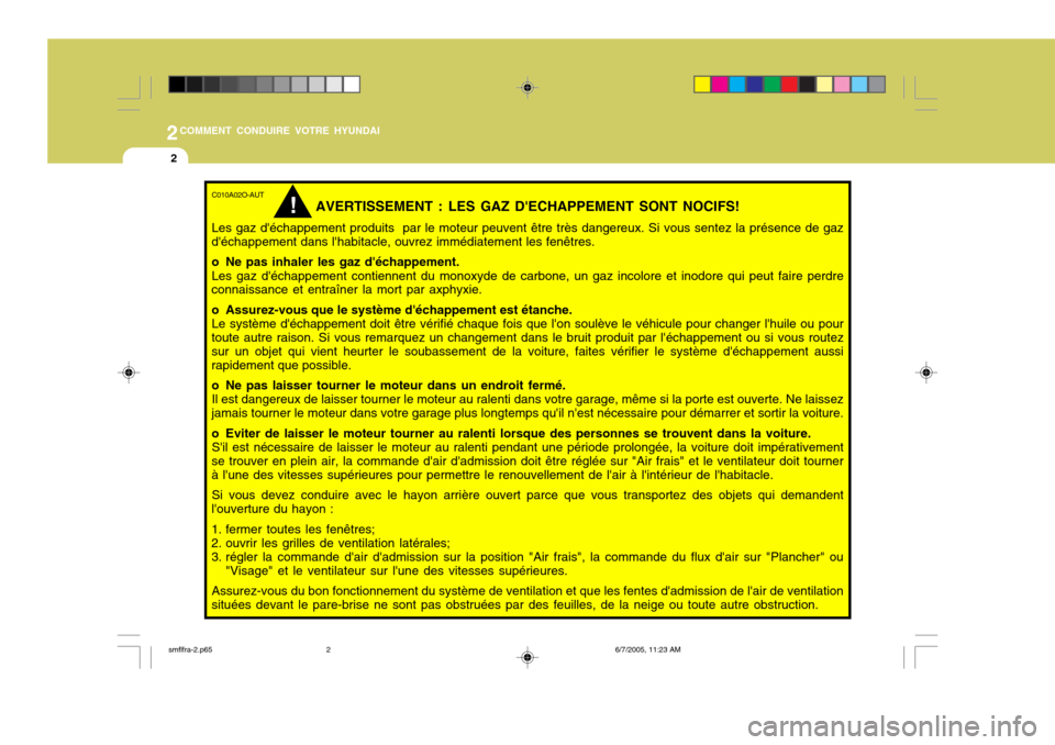Hyundai Santa Fe 2005 Manuel du propriétaire (in French) 2COMMENT CONDUIRE VOTRE HYUNDAI
2
C010A02O-AUT
AVERTISSEMENT : LES GAZ DECHAPPEMENT SONT NOCIFS!
Les gaz déchappement produits par le moteur peuvent être très dangereux. Si vous sentez la prése Hyundai Santa Fe 2005 Manuel du propriétaire (in French) 2COMMENT CONDUIRE VOTRE HYUNDAI
2
C010A02O-AUT
AVERTISSEMENT : LES GAZ DECHAPPEMENT SONT NOCIFS!
Les gaz déchappement produits par le moteur peuvent être très dangereux. Si vous sentez la prése