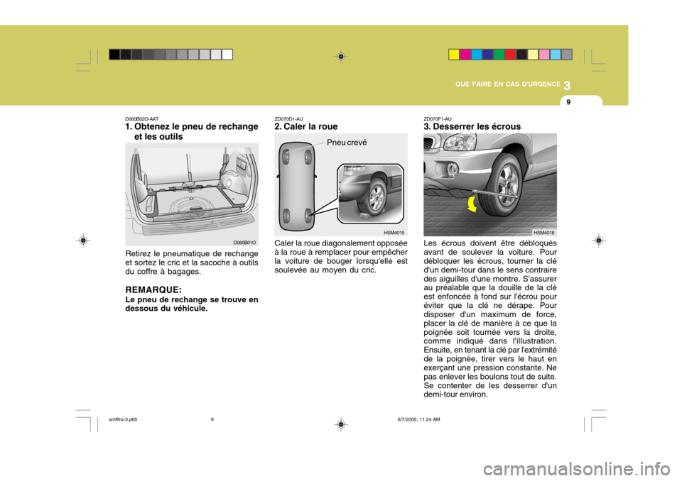 Hyundai Santa Fe 2005 Manuel du propriétaire (in French) 3
QUE FAIRE EN CAS DURGENCE
9
HSM4015
D060B02O-AAT
1. Obtenez le pneu de rechange
et les outils
Retirez le pneumatique de rechange
et sortez le cric et la sacoche à outils du coffre à bagages.
REMA Hyundai Santa Fe 2005 Manuel du propriétaire (in French) 3
QUE FAIRE EN CAS DURGENCE
9
HSM4015
D060B02O-AAT
1. Obtenez le pneu de rechange
et les outils
Retirez le pneumatique de rechange
et sortez le cric et la sacoche à outils du coffre à bagages.
REMA
