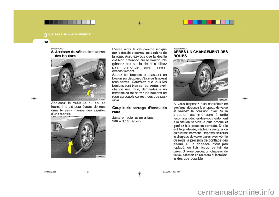 Hyundai Santa Fe 2005 Manuel du propriétaire (in French) 3QUE FAIRE EN CAS DURGENCE
12
D060I01E-GUT
8. Abaisser du véhicule et serrer
des boulons D060J01O-GUTAPRES UN CHANGEMENT DES
ROUES
Abaissez le véhicule au sol en
tournant la clé pour écrous de r Hyundai Santa Fe 2005 Manuel du propriétaire (in French) 3QUE FAIRE EN CAS DURGENCE
12
D060I01E-GUT
8. Abaisser du véhicule et serrer
des boulons D060J01O-GUTAPRES UN CHANGEMENT DES
ROUES
Abaissez le véhicule au sol en
tournant la clé pour écrous de r