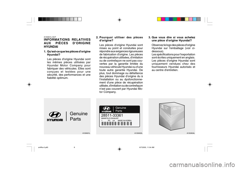 Hyundai Santa Fe 2005  Manuel du propriétaire (in French) A100A01L-GUT INFORMATIONS RELATIVES AUX PIÈCES DORIGINEHYUNDAI 
1. Quest-ce que les pièces dorigineHyundai? Les pièces dorigine Hyundai sont les mêmes pièces utilisées par Hyundai Motor Comp