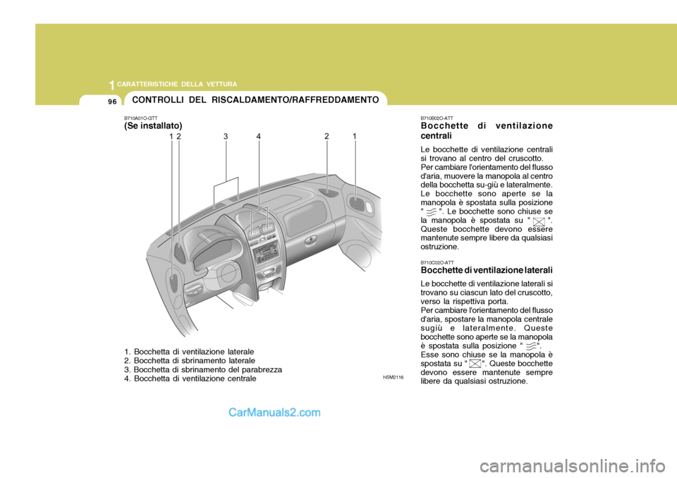 Hyundai Santa Fe 2005  Manuale del proprietario (in Italian) 1CARATTERISTICHE DELLA VETTURA
96CONTROLLI DEL RISCALDAMENTO/RAFFREDDAMENTO
B710A01O-GTT 
(Se installato) 1. Bocchetta di ventilazione laterale 2. Bocchetta di sbrinamento laterale 3. Bocchetta di sbr