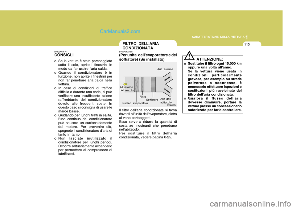 Hyundai Santa Fe 2005  Manuale del proprietario (in Italian) 1
CARATTERISTICHE DELLA VETTURA
113FILTRO DELLARIA CONDIZIONATA
B740D01Y-ATT CONSIGLI
o Se la vettura è stata parcheggiata sotto il sole, aprite i finestrini in modo da far uscire laria calda.
o Qu