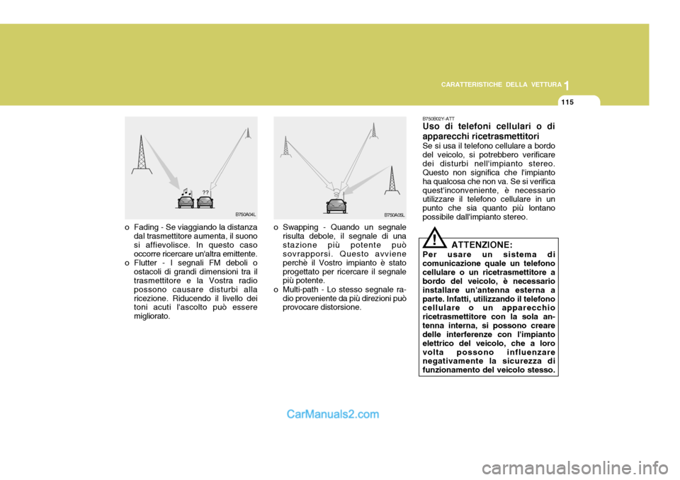 Hyundai Santa Fe 2005  Manuale del proprietario (in Italian) 1
CARATTERISTICHE DELLA VETTURA
115
B750A04L
B750A05L
o Fading - Se viaggiando la distanza dal trasmettitore aumenta, il suono si affievolisce. In questo caso occorre ricercare unaltra emittente.
o F