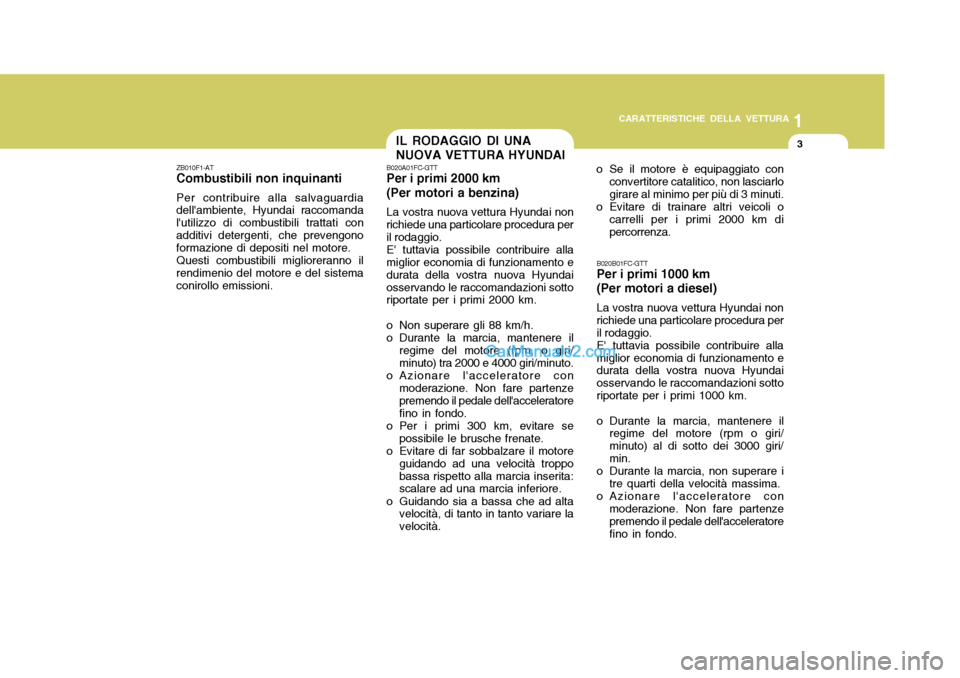 Hyundai Santa Fe 2005  Manuale del proprietario (in Italian) 1
CARATTERISTICHE DELLA VETTURA
3IL RODAGGIO DI UNA NUOVA VETTURA HYUNDAI
ZB010F1-AT Combustibili non inquinanti Per contribuire alla salvaguardia dellambiente, Hyundai raccomanda lutilizzo di combu