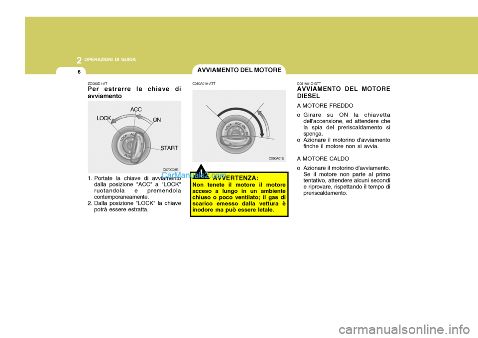 Hyundai Santa Fe 2005 Manuale del proprietario (in Italian) 2 OPERAZIONI DI GUIDA
6AVVIAMENTO DEL MOTORE
!
C050A01E
C050A01A-ATT
AVVERTENZA:
Non tenete il motore il motore
acceso a lungo in un ambiente chiuso o poco ventilato; il gas discarico emesso dalla vet Hyundai Santa Fe 2005 Manuale del proprietario (in Italian) 2 OPERAZIONI DI GUIDA
6AVVIAMENTO DEL MOTORE
!
C050A01E
C050A01A-ATT
AVVERTENZA:
Non tenete il motore il motore
acceso a lungo in un ambiente chiuso o poco ventilato; il gas discarico emesso dalla vet