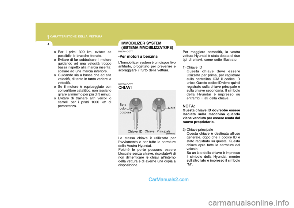 Hyundai Santa Fe 2005 Manuale del proprietario (in Italian) 1CARATTERISTICHE DELLA VETTURA
4IMMOBILIZER SYSTEM (SISTEMA IMMOBILIZZATORE)
B880B02O-GTT CHIAVI La stessa chiave è utilizzata per lavviamento e per tutte le serrature della Vostra Hyundai. Poichè Hyundai Santa Fe 2005 Manuale del proprietario (in Italian) 1CARATTERISTICHE DELLA VETTURA
4IMMOBILIZER SYSTEM (SISTEMA IMMOBILIZZATORE)
B880B02O-GTT CHIAVI La stessa chiave è utilizzata per lavviamento e per tutte le serrature della Vostra Hyundai. Poichè