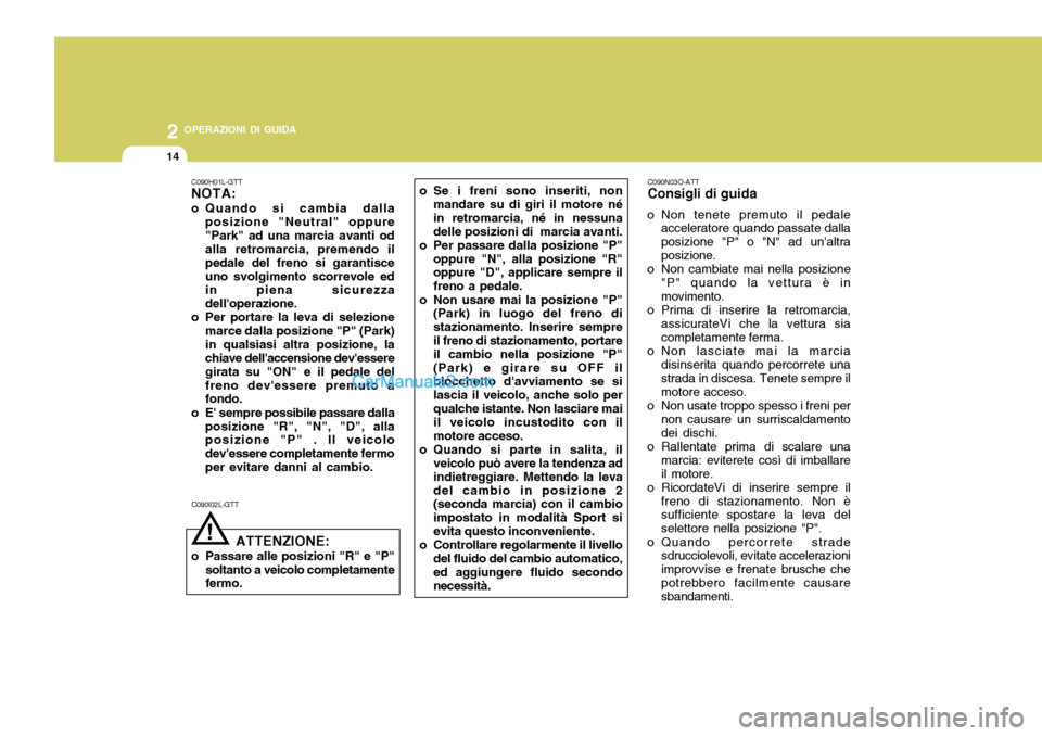 Hyundai Santa Fe 2005  Manuale del proprietario (in Italian) 2 OPERAZIONI DI GUIDA
14
C090N03O-ATT Consigli di guida
o Non tenete premuto il pedale acceleratore quando passate dalla posizione "P" o "N" ad unaltraposizione.
o Non cambiate mai nella posizione
"P