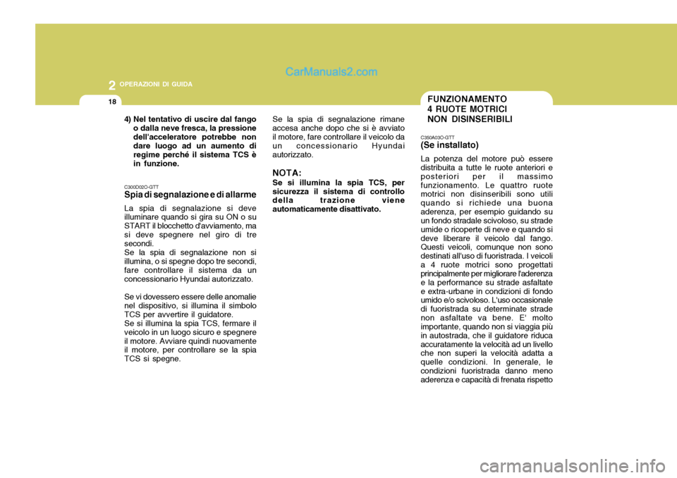 Hyundai Santa Fe 2005  Manuale del proprietario (in Italian) 2 OPERAZIONI DI GUIDA
18FUNZIONAMENTO 4 RUOTE MOTRICI NON DISINSERIBILI
C300D02O-GTT Spia di segnalazione e di allarme La spia di segnalazione si deve illuminare quando si gira su ON o su START il blo