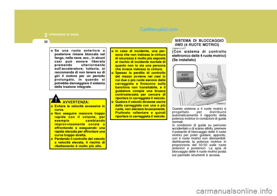 Hyundai Santa Fe 2005  Manuale del proprietario (in Italian) 2 OPERAZIONI DI GUIDA
22SISTEMA DI BLOCCAGGIO 4WD (4 RUOTE MOTRICI)
!
o Se una ruota anteriore o
posteriore rimane bloccata nel fango, nella neve, ecc., in alcunicasi può essere liberata premendo ult