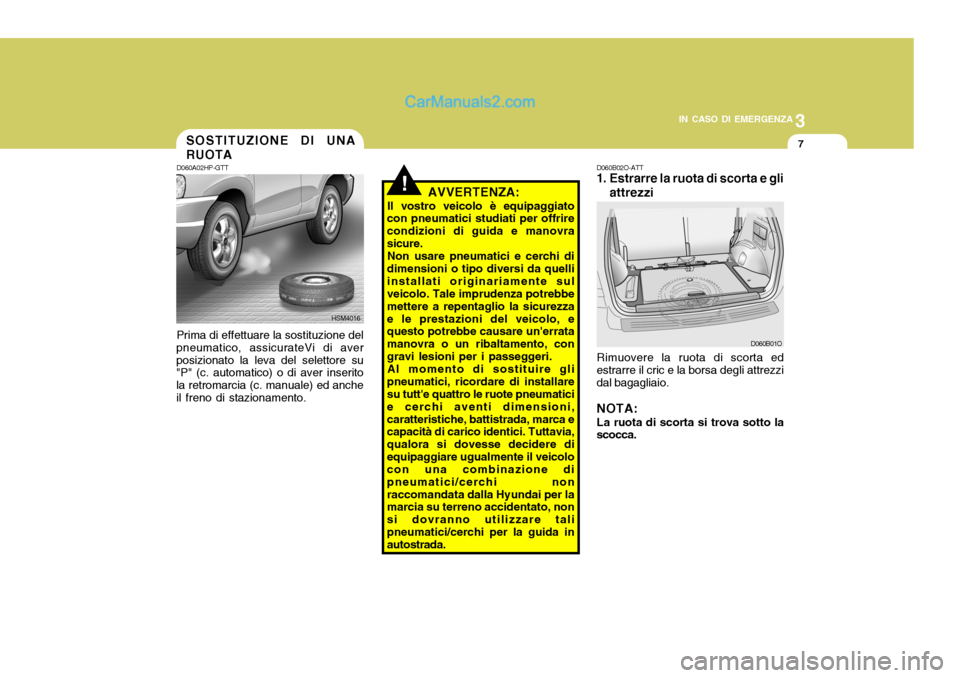 Hyundai Santa Fe 2005  Manuale del proprietario (in Italian) 3
IN CASO DI EMERGENZA
7
!
D060A02HP-GTT Prima di effettuare la sostituzione del
pneumatico, assicurateVi di aver posizionato la leva del selettore su "P" (c. automatico) o di aver inserito la retroma