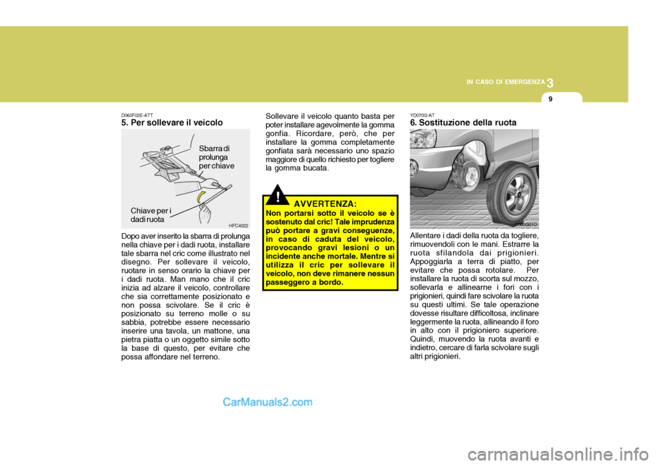 Hyundai Santa Fe 2005  Manuale del proprietario (in Italian) 3
IN CASO DI EMERGENZA
9
HFC4022
D060F02E-ATT 5. Per sollevare il veicolo Dopo aver inserito la sbarra di prolunga nella chiave per i dadi ruota, installaretale sbarra nel cric come illustrato nel dis