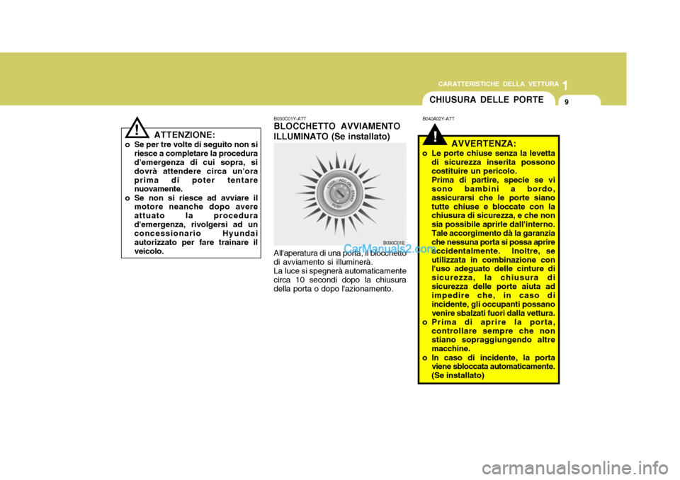 Hyundai Santa Fe 2005  Manuale del proprietario (in Italian) 1
CARATTERISTICHE DELLA VETTURA
9CHIUSURA DELLE PORTE
!ATTENZIONE:
o Se per tre volte di seguito non si riesce a completare la procedura demergenza di cui sopra, si dovrà attendere circa unoraprima