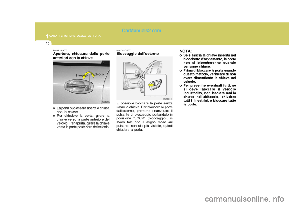 Hyundai Santa Fe 2005 Manuale del proprietario (in Italian) 1CARATTERISTICHE DELLA VETTURA
10
B040C01O-ATT Bloccaggio dallesterno E possibile bloccare le porte senza
usare la chiave. Per bloccare le porte dallesterno, premere innanzitutto il pulsante di blo Hyundai Santa Fe 2005 Manuale del proprietario (in Italian) 1CARATTERISTICHE DELLA VETTURA
10
B040C01O-ATT Bloccaggio dallesterno E possibile bloccare le porte senza
usare la chiave. Per bloccare le porte dallesterno, premere innanzitutto il pulsante di blo