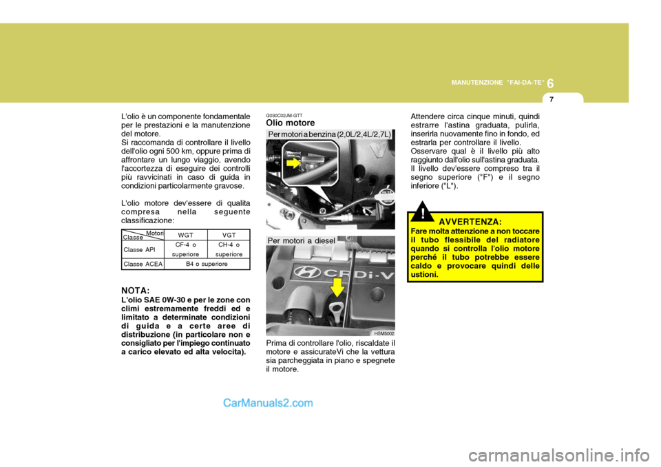 Hyundai Santa Fe 2005  Manuale del proprietario (in Italian) 6
MANUTENZIONE "FAI-DA-TE"
7
!
Lolio è un componente fondamentale per le prestazioni e la manutenzionedel motore.Si raccomanda di controllare il livellodellolio ogni 500 km, oppure prima diaffronta