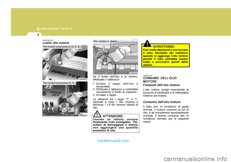 Hyundai Santa Fe 2005  Manuale del proprietario (in Italian) 6
8
MANUTENZIONE "FAI-DA-TE"
G030D02O-GTT Livello olio motore
G030D04O
G030D01O
Per motori a benzina (2,0L/2,4L)
Per motori a diesel
Se il livello dellolio è al minimo, effettuate il rabbocco:
1. Sv