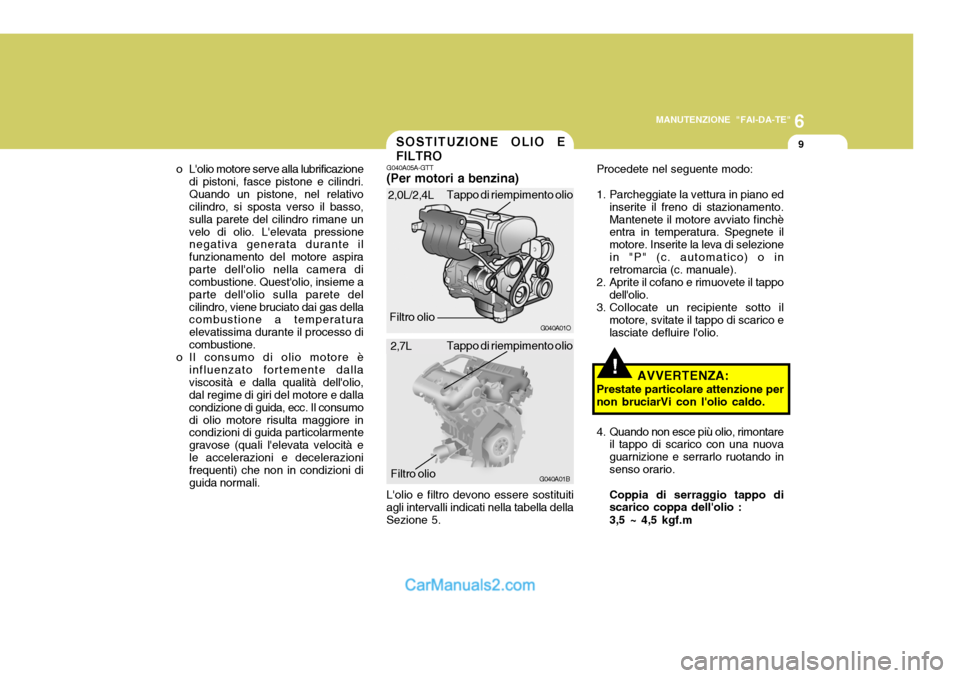 Hyundai Santa Fe 2005  Manuale del proprietario (in Italian) 6
MANUTENZIONE "FAI-DA-TE"
9
!
SOSTITUZIONE OLIO E FILTRO
G040A05A-GTT (Per motori a benzina) Procedete nel seguente modo: 
1. Parcheggiate la vettura in piano ed
inserite il freno di stazionamento. M