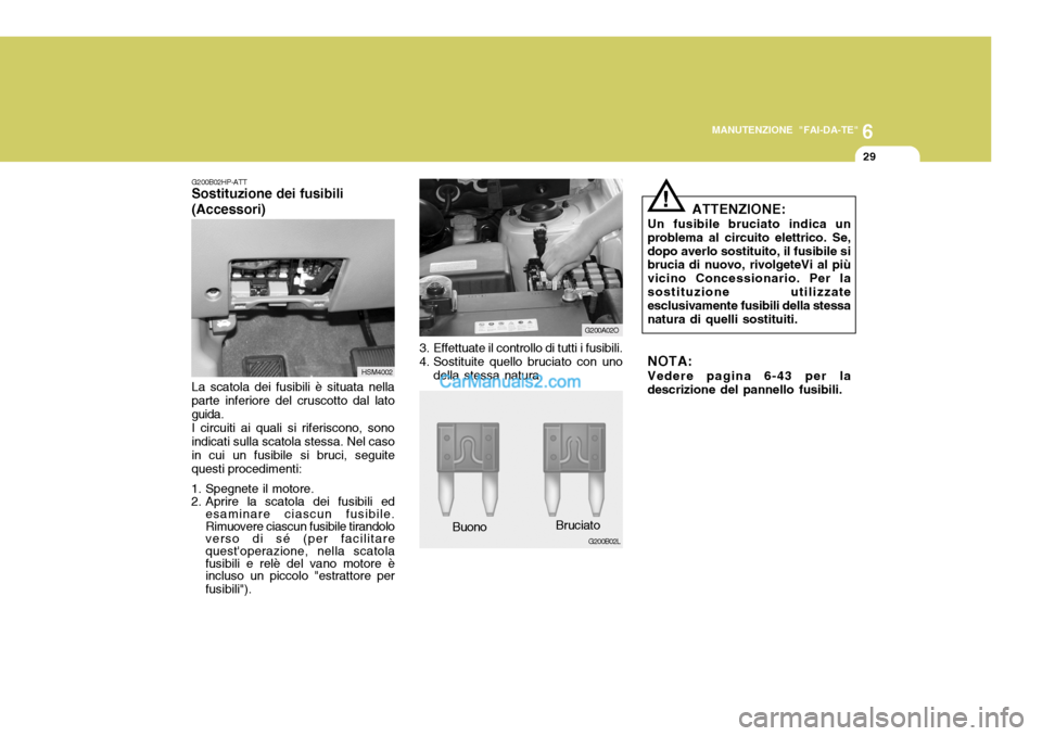 Hyundai Santa Fe 2005  Manuale del proprietario (in Italian) 6
MANUTENZIONE "FAI-DA-TE"
29
G200B02HP-ATT Sostituzione dei fusibili (Accessori) La scatola dei fusibili è situata nella parte inferiore del cruscotto dal lato guida. I circuiti ai quali si riferisc