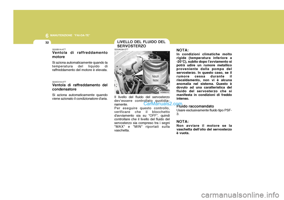 Hyundai Santa Fe 2005  Manuale del proprietario (in Italian) 6
32
MANUTENZIONE "FAI-DA-TE"
LIVELLO DEL FLUIDO DEL SERVOSTERZONOTA: In condizioni climatiche molto
rigide (temperatura inferiore a -20°C), subito dopo lavviamento si potrà udire un rumore metalli