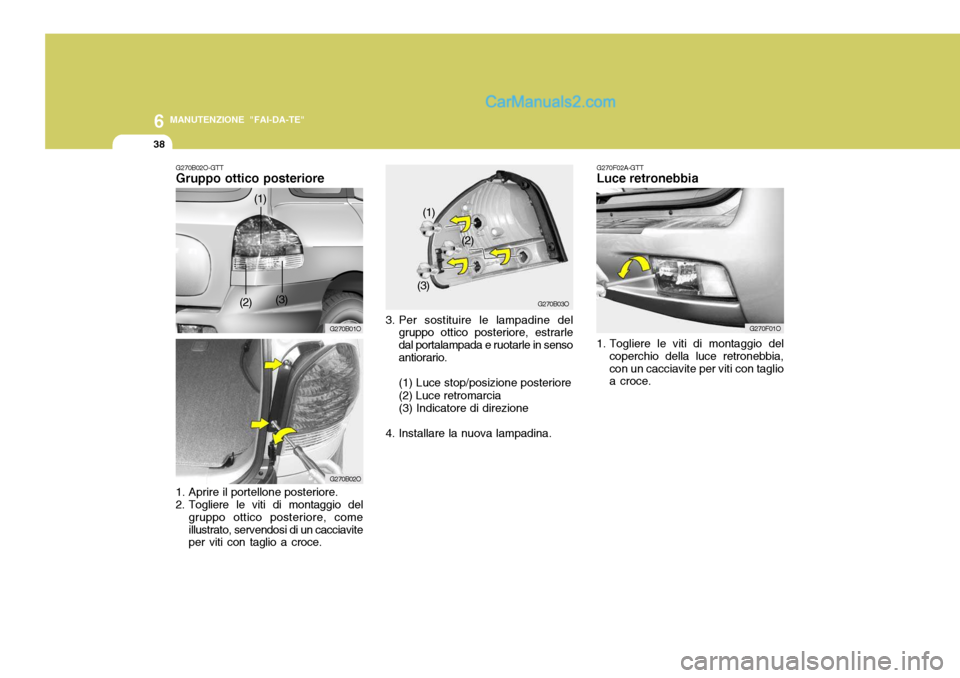 Hyundai Santa Fe 2005 Manuale del proprietario (in Italian) 6
38
MANUTENZIONE "FAI-DA-TE"
1. Togliere le viti di montaggio delcoperchio della luce retronebbia, con un cacciavite per viti con taglio a croce.
G270F02A-GTTLuce retronebbia
G270F01O
G270B02O-GTTGru Hyundai Santa Fe 2005 Manuale del proprietario (in Italian) 6
38
MANUTENZIONE "FAI-DA-TE"
1. Togliere le viti di montaggio delcoperchio della luce retronebbia, con un cacciavite per viti con taglio a croce.
G270F02A-GTTLuce retronebbia
G270F01O
G270B02O-GTTGru