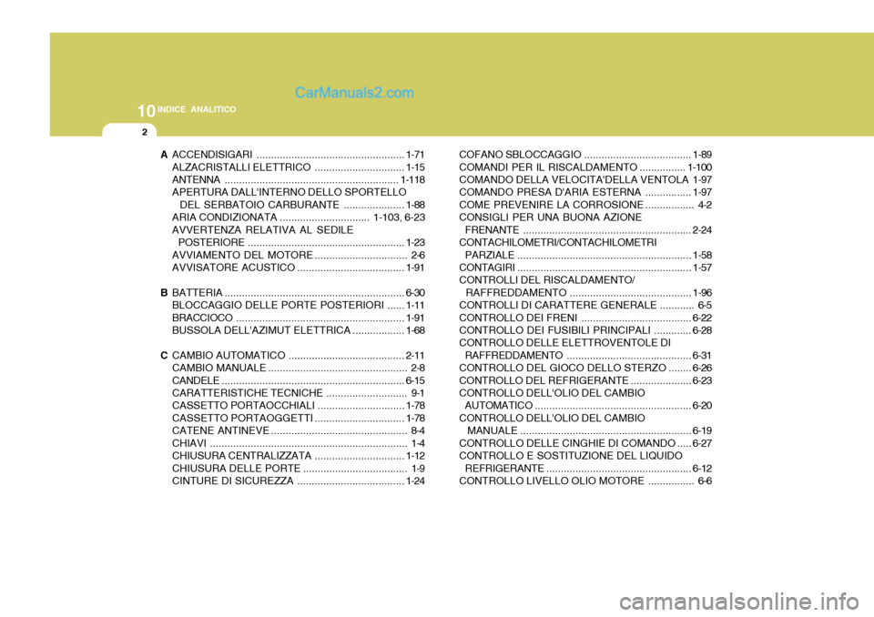 Hyundai Santa Fe 2005  Manuale del proprietario (in Italian) 10INDICE ANALITICO
2
AACCENDISIGARI ................................................... 1-71
ALZACRISTALLI ELETTRICO ...............................1-15
ANTENNA .......................................