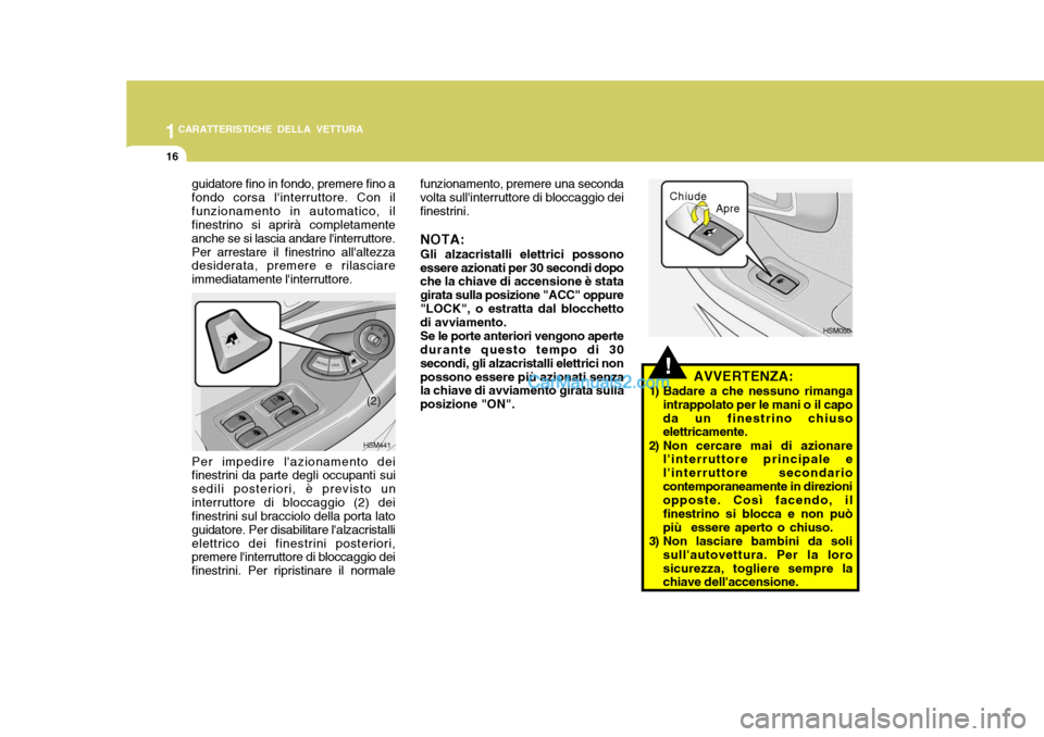 Hyundai Santa Fe 2005  Manuale del proprietario (in Italian) 1CARATTERISTICHE DELLA VETTURA
16
!AVVERTENZA:
1) Badare a che nessuno rimanga intrappolato per le mani o il capo da un finestrino chiuso elettricamente.
2) Non cercare mai di azionare linterruttore 