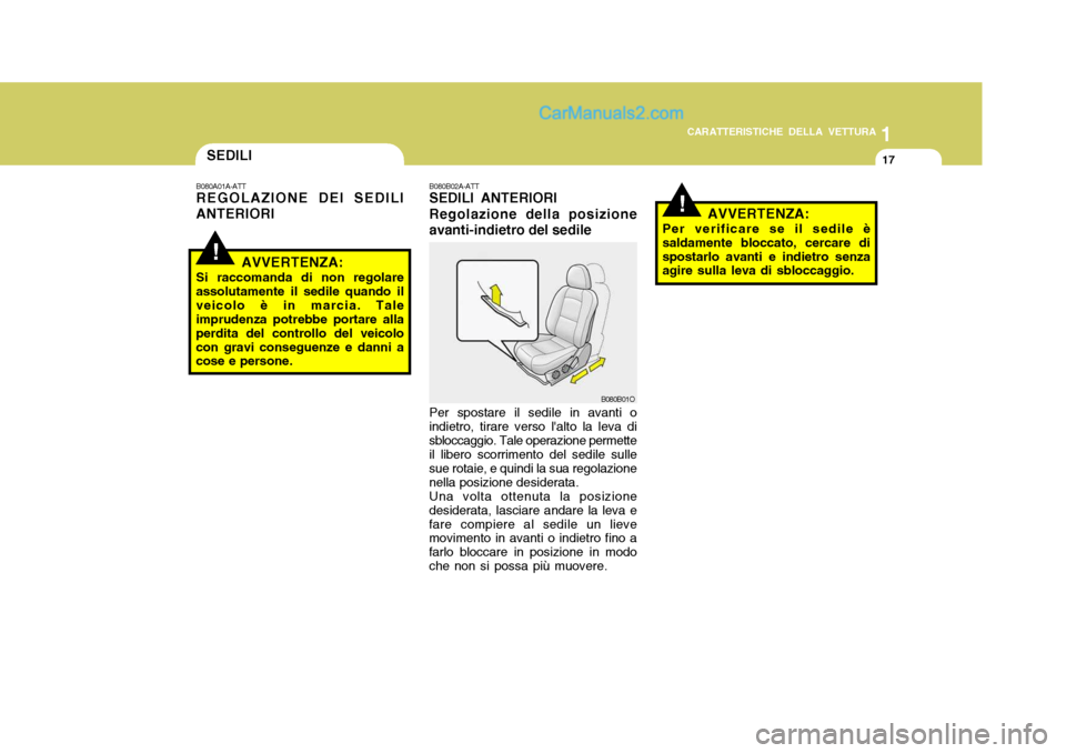 Hyundai Santa Fe 2005  Manuale del proprietario (in Italian) 1
CARATTERISTICHE DELLA VETTURA
17SEDILI
!
!
B080B02A-ATT SEDILI ANTERIORI Regolazione della posizione avanti-indietro del sedile Per spostare il sedile in avanti o
indietro, tirare verso lalto la le