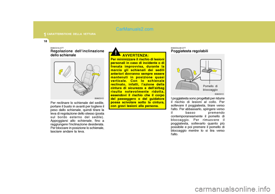 Hyundai Santa Fe 2005  Manuale del proprietario (in Italian) 1CARATTERISTICHE DELLA VETTURA
18
!
B080D01O
B080C01A-ATT Regolazione dellinclinazione dello schienale Per reclinare lo schienale del sedile, portare il busto in avanti per togliere il peso dallo sch