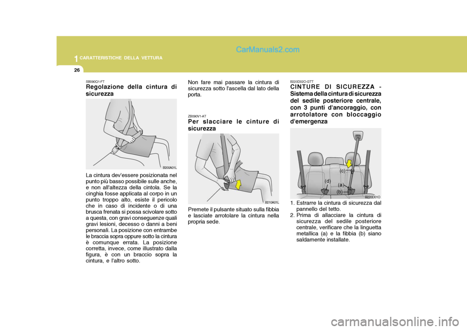 Hyundai Santa Fe 2005  Manuale del proprietario (in Italian) 1CARATTERISTICHE DELLA VETTURA
26
(b)
B220D02O-GTT CINTURE DI SICUREZZA -
Sistema della cintura di sicurezza del sedile posteriore centrale,con 3 punti dancoraggio, conarrotolatore con bloccaggiodem