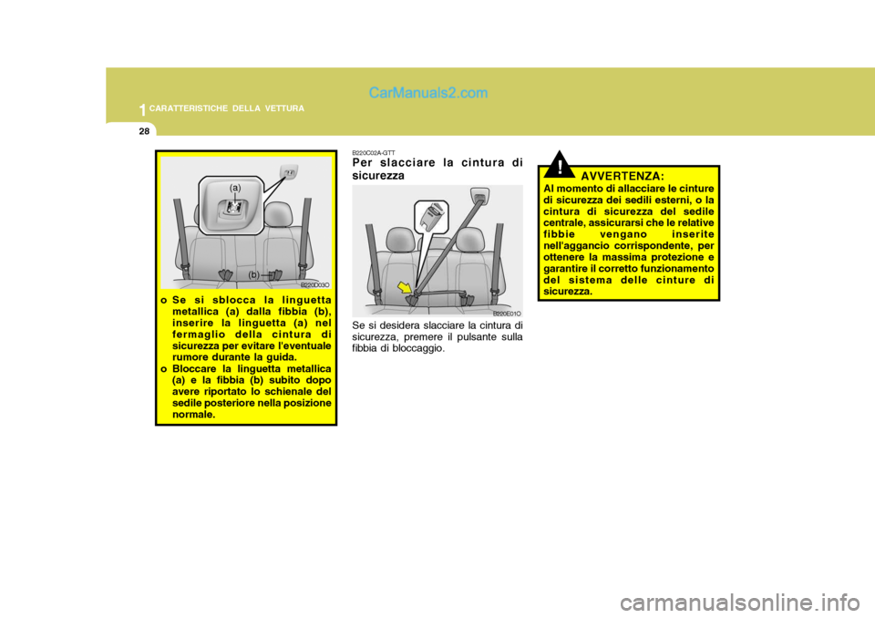 Hyundai Santa Fe 2005 Manuale del proprietario (in Italian) 1CARATTERISTICHE DELLA VETTURA
28
B220C02A-GTT Per slacciare la cintura di sicurezza Se si desidera slacciare la cintura di sicurezza, premere il pulsante sulla fibbia di bloccaggio. B220E01O
!AVVERTE Hyundai Santa Fe 2005 Manuale del proprietario (in Italian) 1CARATTERISTICHE DELLA VETTURA
28
B220C02A-GTT Per slacciare la cintura di sicurezza Se si desidera slacciare la cintura di sicurezza, premere il pulsante sulla fibbia di bloccaggio. B220E01O
!AVVERTE