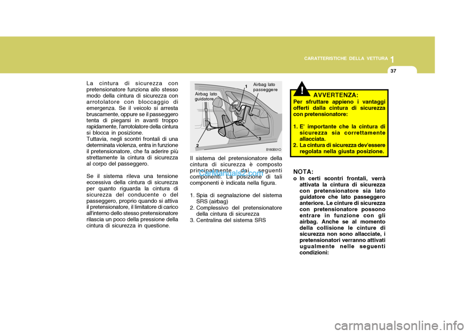 Hyundai Santa Fe 2005  Manuale del proprietario (in Italian) 1
CARATTERISTICHE DELLA VETTURA
37
La cintura di sicurezza con
pretensionatore funziona allo stesso modo della cintura di sicurezza con arrotolatore con bloccaggio di emergenza. Se il veicolo si arres