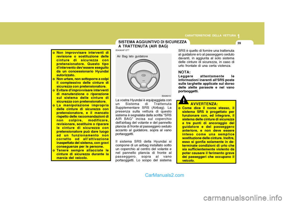 Hyundai Santa Fe 2005  Manuale del proprietario (in Italian) 1
CARATTERISTICHE DELLA VETTURA
39
!
SISTEMA AGGIUNTIVO DI SICUREZZA A TRATTENUTA (AIR BAG)
o Non improvvisare interventi di
revisione o sostituzione delle cinture di sicurezza conpretensionatore. Que