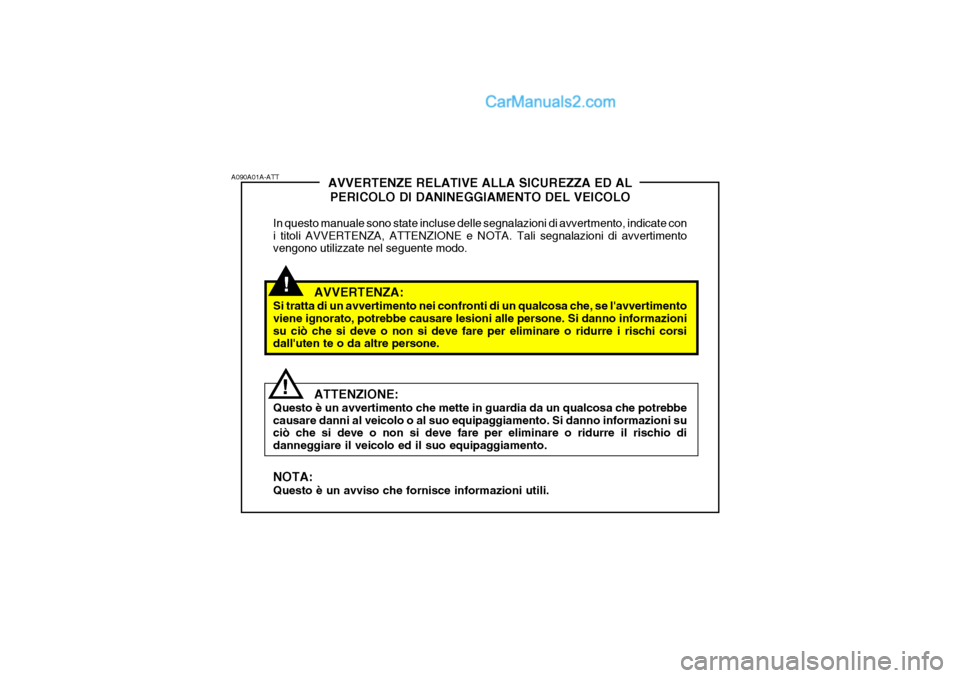 Hyundai Santa Fe 2005 Manuale del proprietario (in Italian) !
A090A01A-ATT
!AVVERTENZE RELATIVE ALLA SICUREZZA ED AL
PERICOLO DI DANINEGGIAMENTO DEL VEICOLO
In questo manuale sono state incluse delle segnalazioni di avvertmento, indicate con i titoli AVVERTENZ Hyundai Santa Fe 2005 Manuale del proprietario (in Italian) !
A090A01A-ATT
!AVVERTENZE RELATIVE ALLA SICUREZZA ED AL
PERICOLO DI DANINEGGIAMENTO DEL VEICOLO
In questo manuale sono state incluse delle segnalazioni di avvertmento, indicate con i titoli AVVERTENZ
