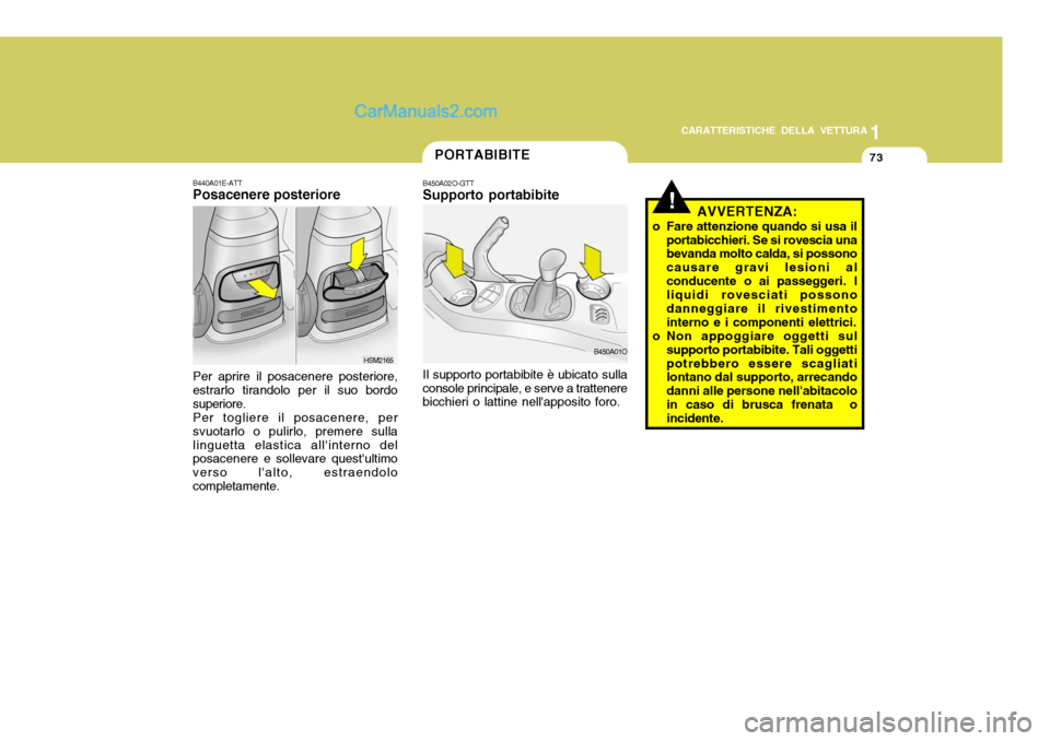 Hyundai Santa Fe 2005 Manuale del proprietario (in Italian) 1
CARATTERISTICHE DELLA VETTURA
73PORTABIBITE
!
B450A02O-GTT Supporto portabibite Il supporto portabibite è ubicato sulla console principale, e serve a trattenere bicchieri o lattine nellapposito fo Hyundai Santa Fe 2005 Manuale del proprietario (in Italian) 1
CARATTERISTICHE DELLA VETTURA
73PORTABIBITE
!
B450A02O-GTT Supporto portabibite Il supporto portabibite è ubicato sulla console principale, e serve a trattenere bicchieri o lattine nellapposito fo