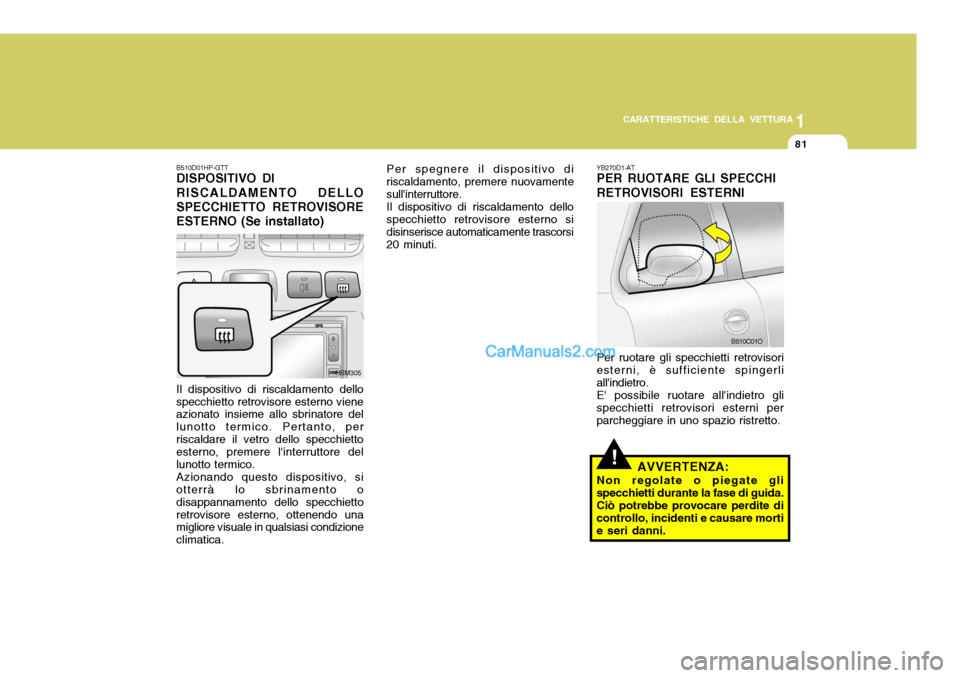 Hyundai Santa Fe 2005  Manuale del proprietario (in Italian) 1
CARATTERISTICHE DELLA VETTURA
81
Per spegnere il dispositivo di riscaldamento, premere nuovamentesullinterruttore.Il dispositivo di riscaldamento dellospecchietto retrovisore esterno sidisinserisce