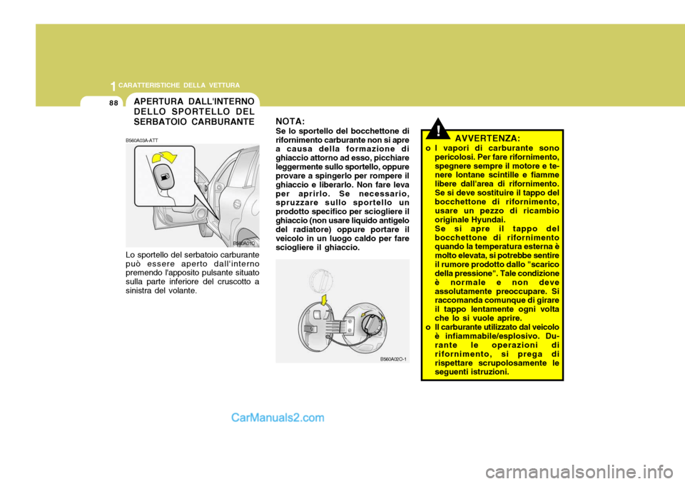 Hyundai Santa Fe 2005  Manuale del proprietario (in Italian) 1CARATTERISTICHE DELLA VETTURA
88APERTURA DALLINTERNO DELLO SPORTELLO DELSERBATOIO CARBURANTE
!AVVERTENZA:
o I vapori di carburante sono pericolosi. Per fare rifornimento, spegnere sempre il motore e