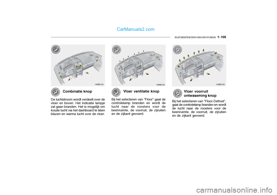Hyundai Santa Fe 2005 Handleiding (in Dutch) BIJZONDERHEDEN VAN UW HYUNDAI 1- 105
Vloer voorruit ontwaseming knop
Bij het selecteren van "Floor-Defrost", gaat de controlelamp branden en wordt de lucht naar de roosters voor debeenruimte, de voo Hyundai Santa Fe 2005 Handleiding (in Dutch) BIJZONDERHEDEN VAN UW HYUNDAI 1- 105
Vloer voorruit ontwaseming knop
Bij het selecteren van "Floor-Defrost", gaat de controlelamp branden en wordt de lucht naar de roosters voor debeenruimte, de voo