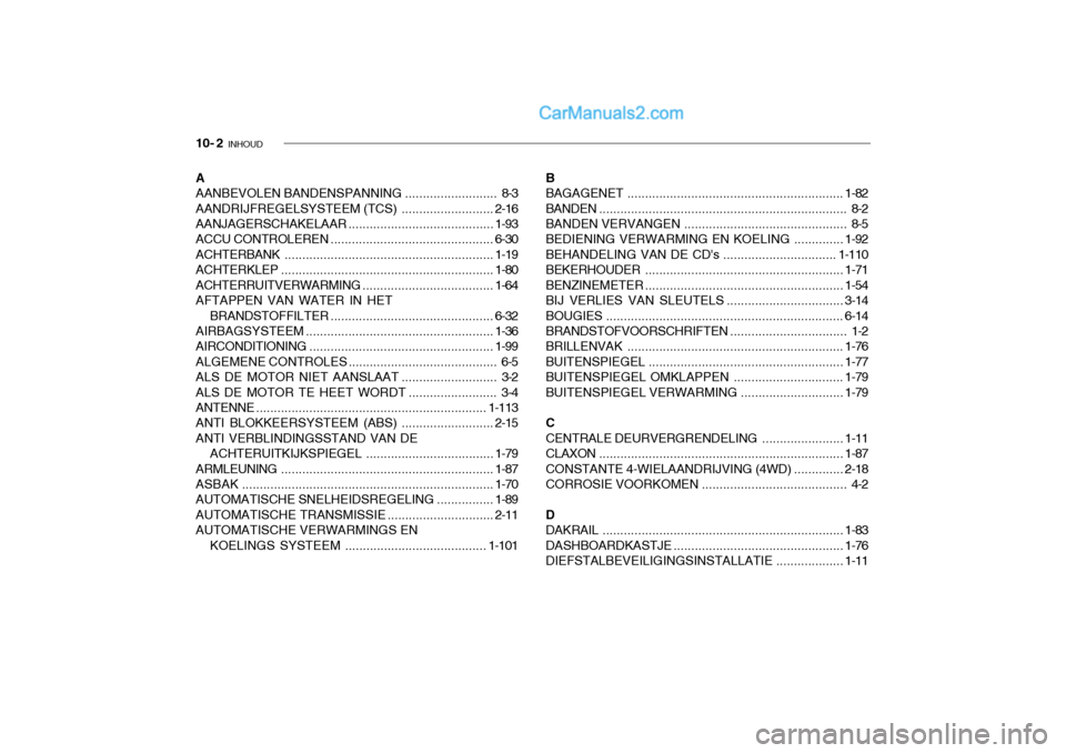 Hyundai Santa Fe 2005 Handleiding (in Dutch) 10- 2 INHOUD
A AANBEVOLEN BANDENSPANNING .......................... 8-3
AANDRIJFREGELSYSTEEM (TCS) ..........................2-16
AANJAGERSCHAKELAAR .........................................1-93
ACCU Hyundai Santa Fe 2005 Handleiding (in Dutch) 10- 2 INHOUD
A AANBEVOLEN BANDENSPANNING .......................... 8-3
AANDRIJFREGELSYSTEEM (TCS) ..........................2-16
AANJAGERSCHAKELAAR .........................................1-93
ACCU