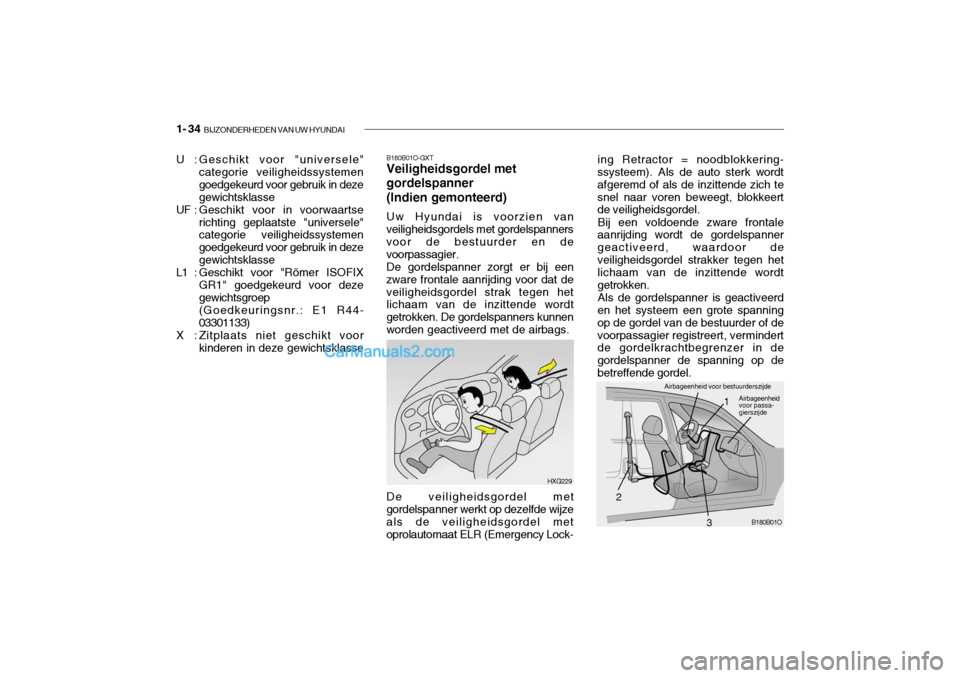 Hyundai Santa Fe 2005  Handleiding (in Dutch) 1- 34  BIJZONDERHEDEN VAN UW HYUNDAI
ing Retractor = noodblokkering- ssysteem). Als de auto sterk wordt afgeremd of als de inzittende zich tesnel naar voren beweegt, blokkeert de veiligheidsgordel.
Bi