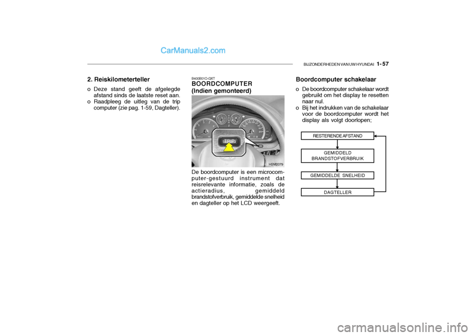 Hyundai Santa Fe 2005  Handleiding (in Dutch) BIJZONDERHEDEN VAN UW HYUNDAI   1- 57
2. Reiskilometerteller
o Deze stand geeft de afgelegde afstand sinds de laatste reset aan.
o Raadpleeg de uitleg van de trip
computer (zie pag. 1-59, Dagteller).B