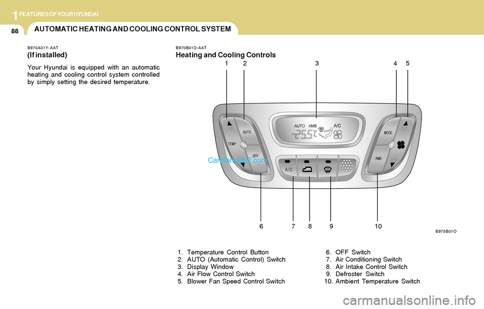 Hyundai Santa Fe 2004  Owners Manual 1FEATURES OF YOUR HYUNDAI
88AUTOMATIC HEATING AND COOLING CONTROL SYSTEM
B970A01Y-AAT
(If installed)
Your Hyundai is equipped with an automatic
heating and cooling control system controlled
by simply 